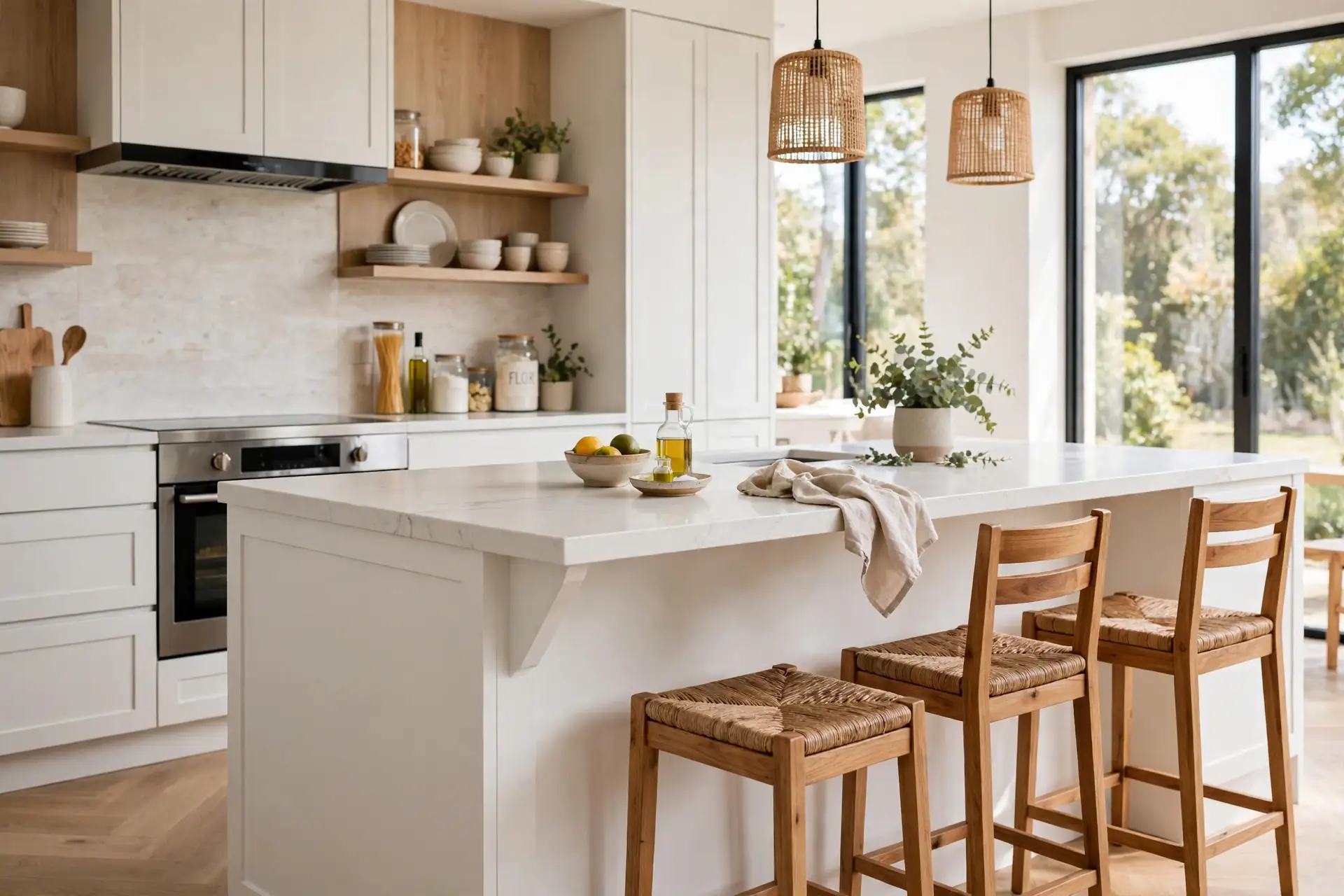 Kitchen island with counter height stools and comfortable overhang