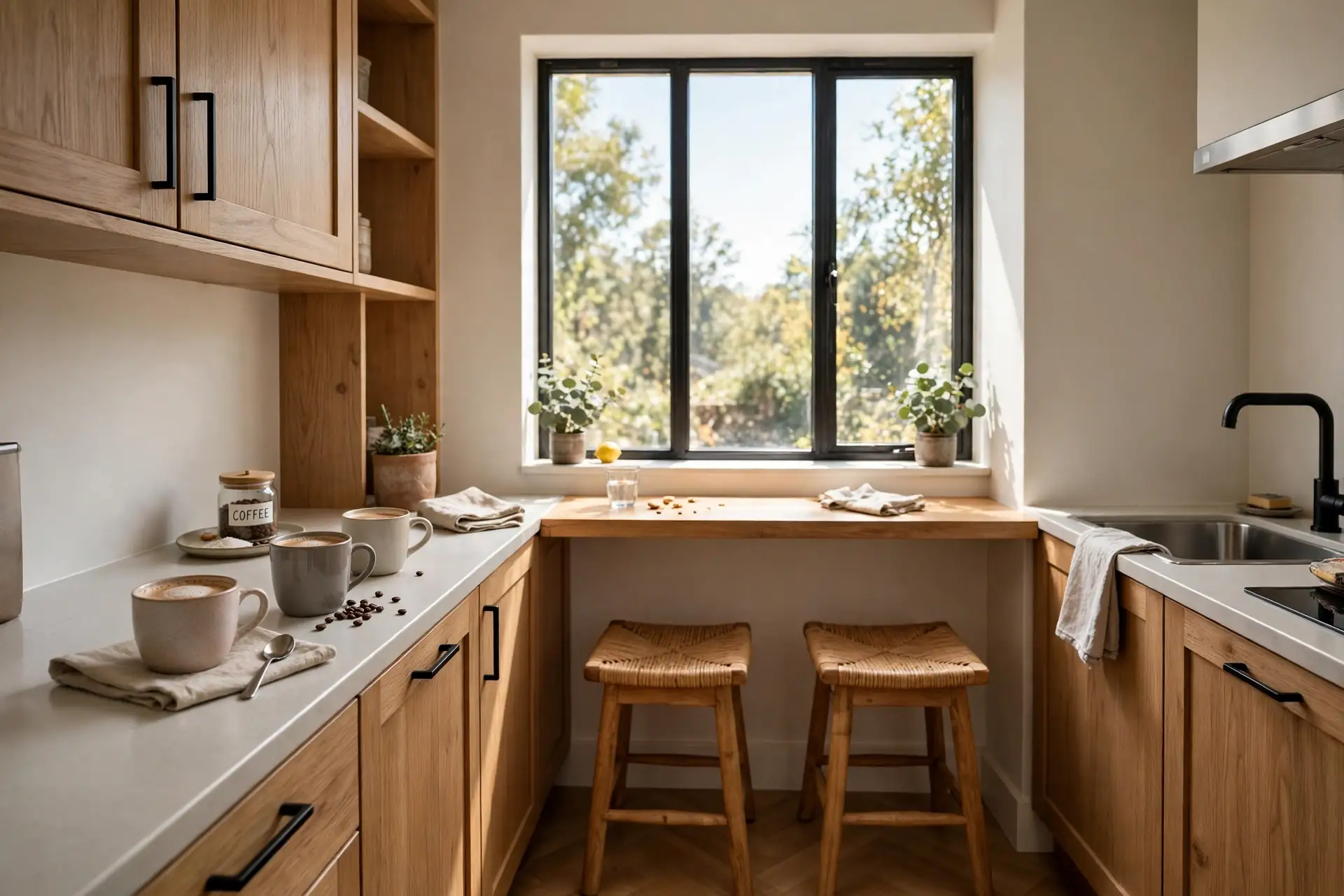 Small kitchen with breakfast bar and two stools by window