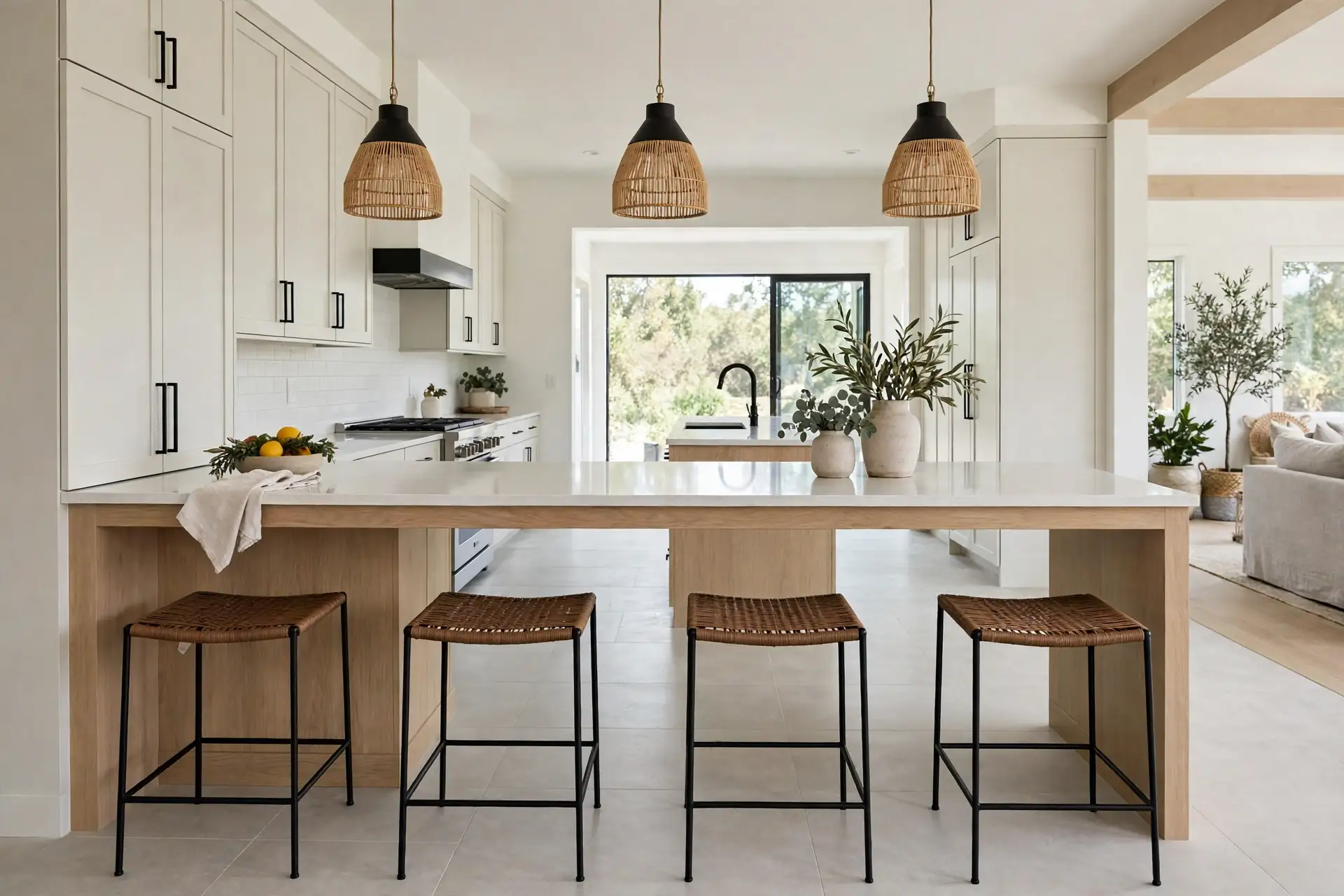 Kitchen island with spaced stools and room to walk behind