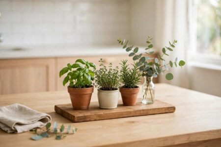 Kitchen table with low greenery centrepiece and wooden board