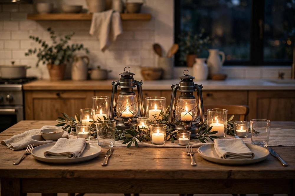 Kitchen table with candles and lanterns for evening meals