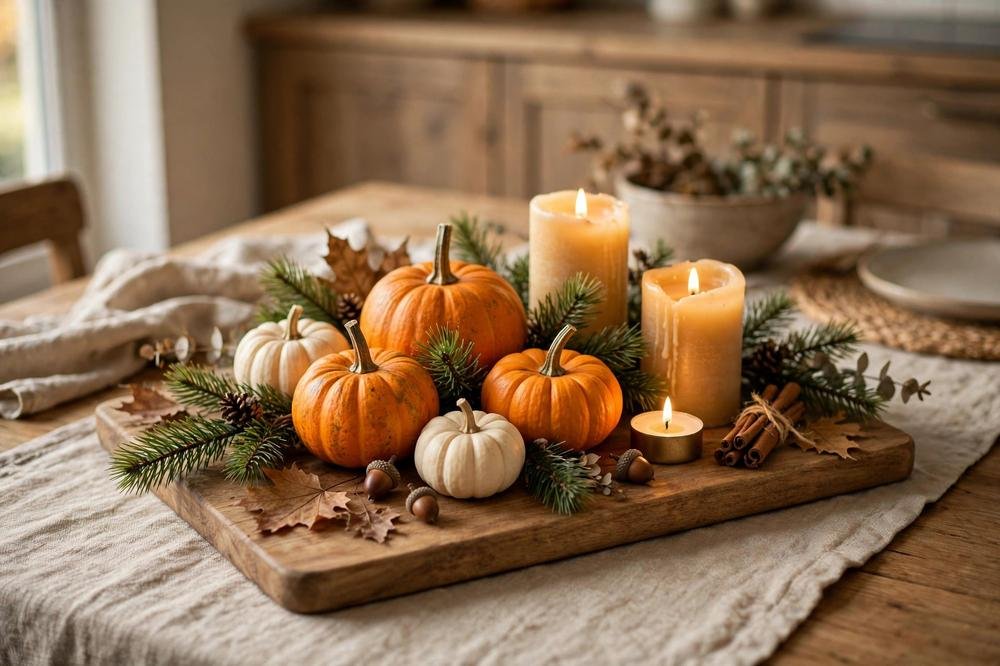 Seasonal kitchen table centrepiece with pumpkins and candles