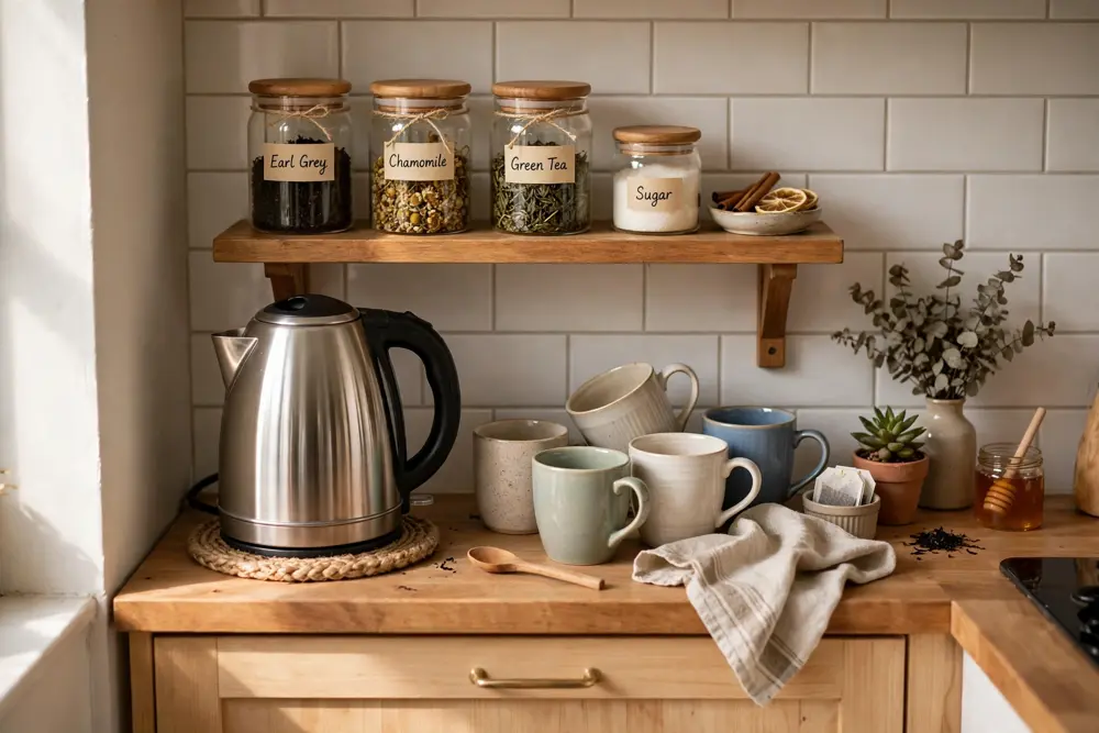 Small kitchen tea station with kettle mugs and tea jars on shelf