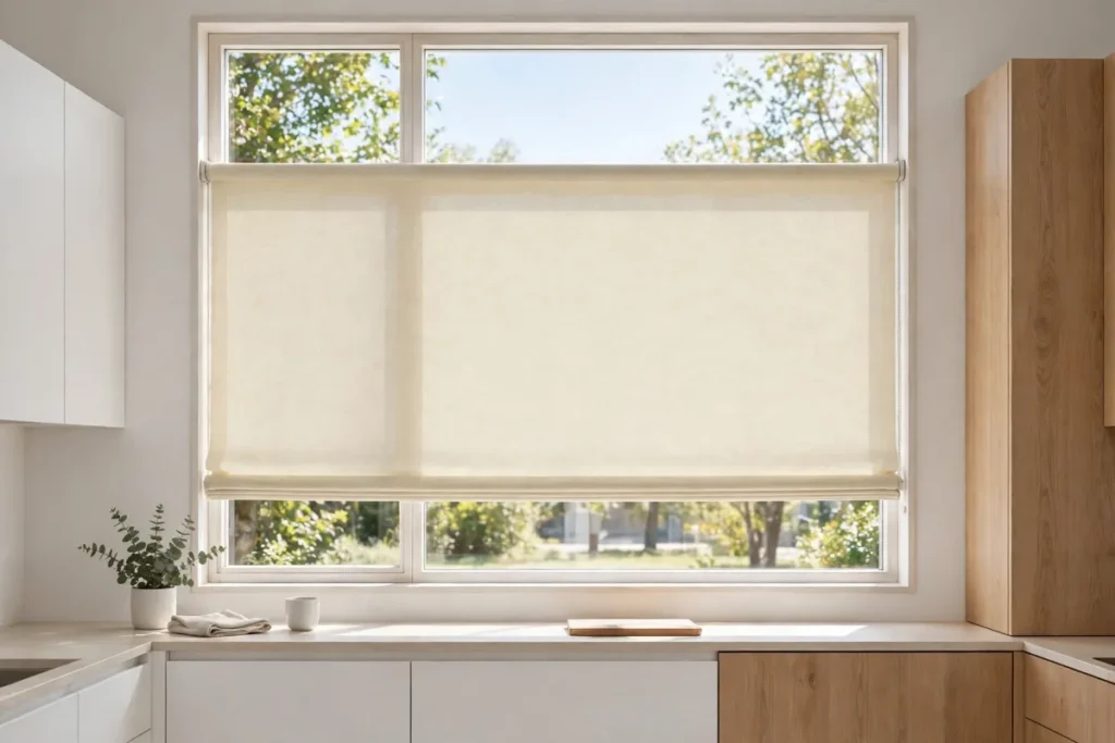 Kitchen window with roller blind and clean counter