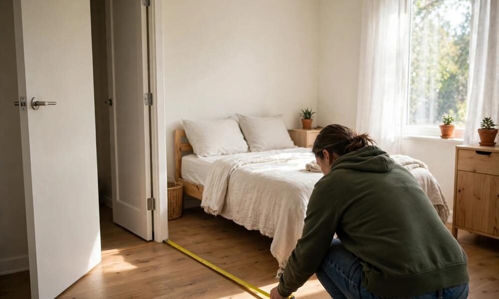 Measuring a small bedroom with a tape measure, noting bed size, door swing and walkway clearances