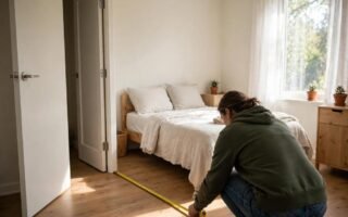 Measuring a small bedroom with a tape measure, noting bed size, door swing and walkway clearances