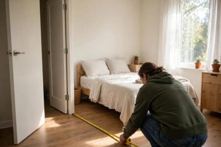 Measuring a small bedroom with a tape measure, noting bed size, door swing and walkway clearances