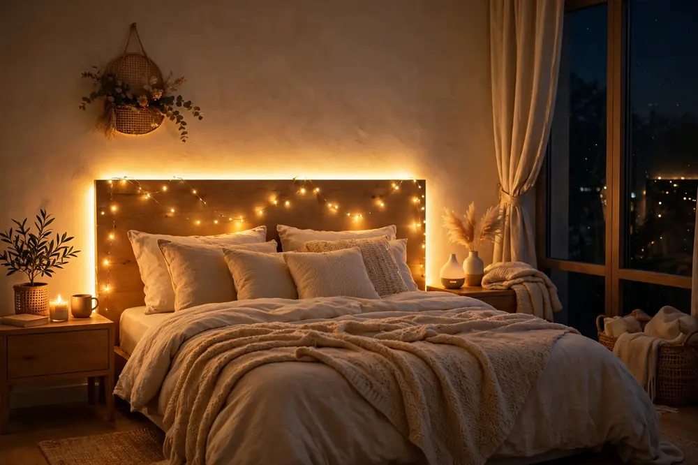 Warm LED strip and fairy lights behind a bedroom headboard at night
