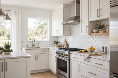 Kitchen cabinets with modern bar handles in brushed nickel