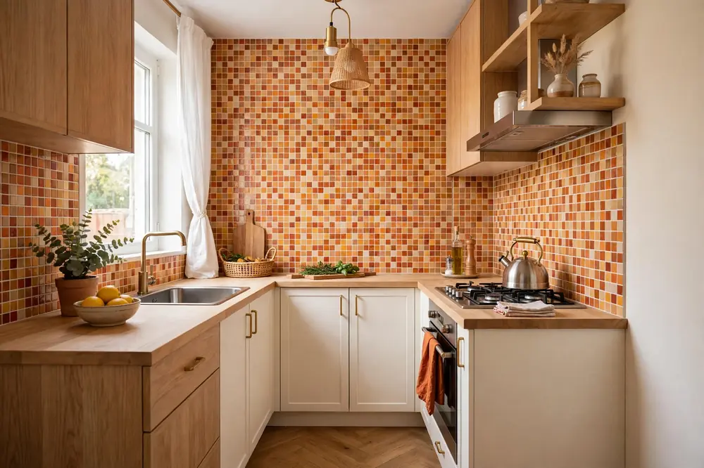 Kitchen with mosaic peel-and-stick backsplash tiles in warm colours