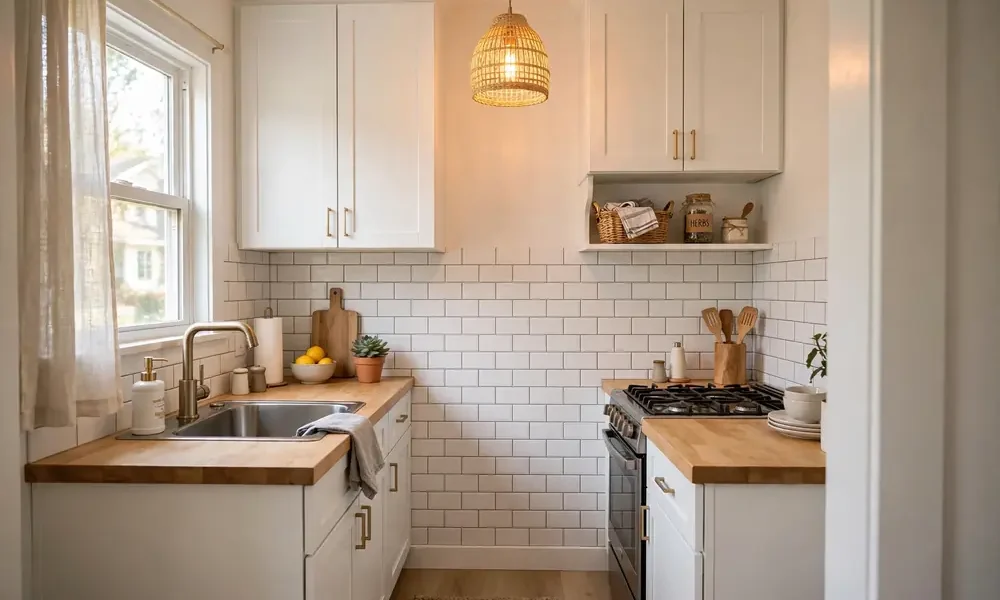 Small kitchen with peel-and-stick subway tile backsplash and white cabinets
