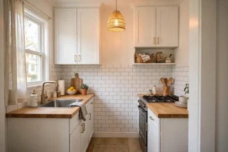 Small kitchen with peel-and-stick subway tile backsplash and white cabinets