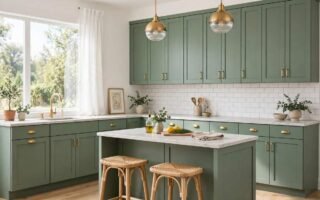 Freshly painted sage green kitchen cabinets with brass handles in a bright kitchen