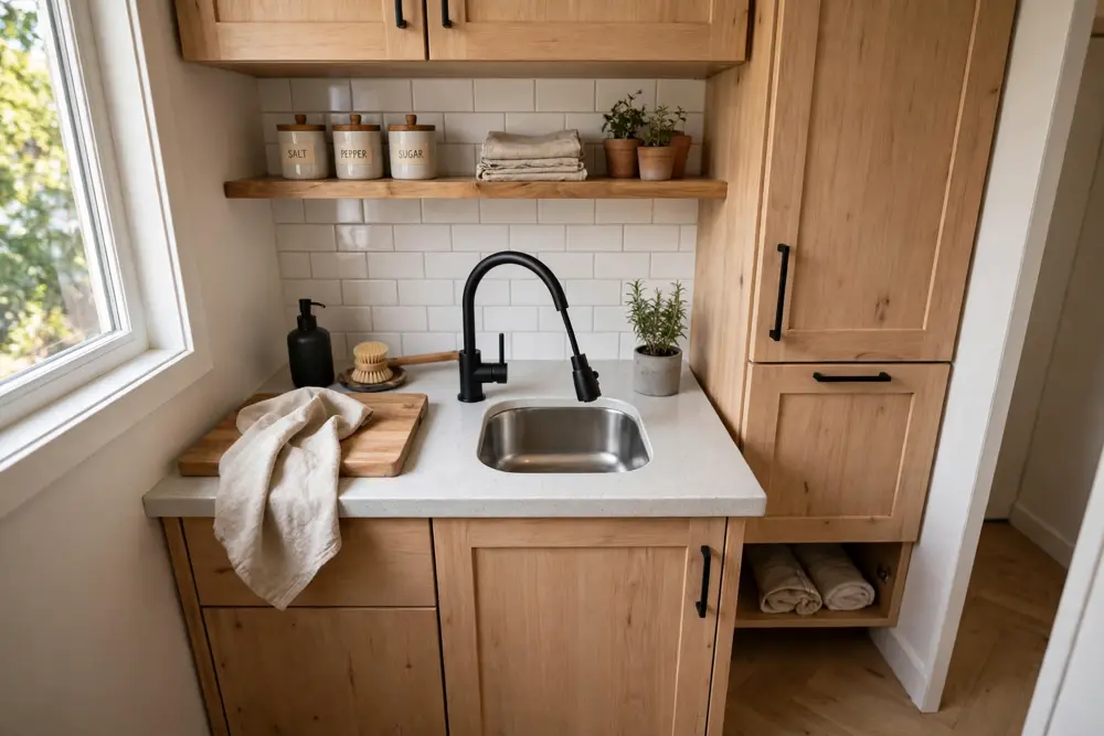 Compact kitchen with low arc pull out faucet and small sink