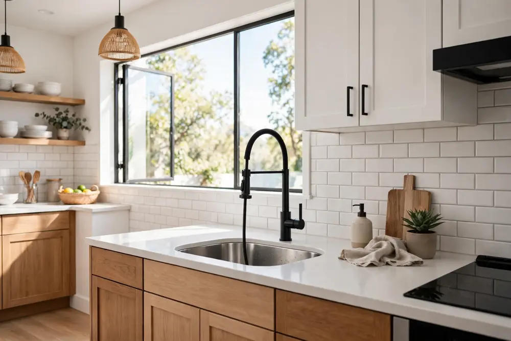 Kitchen with pull down faucet over single bowl sink