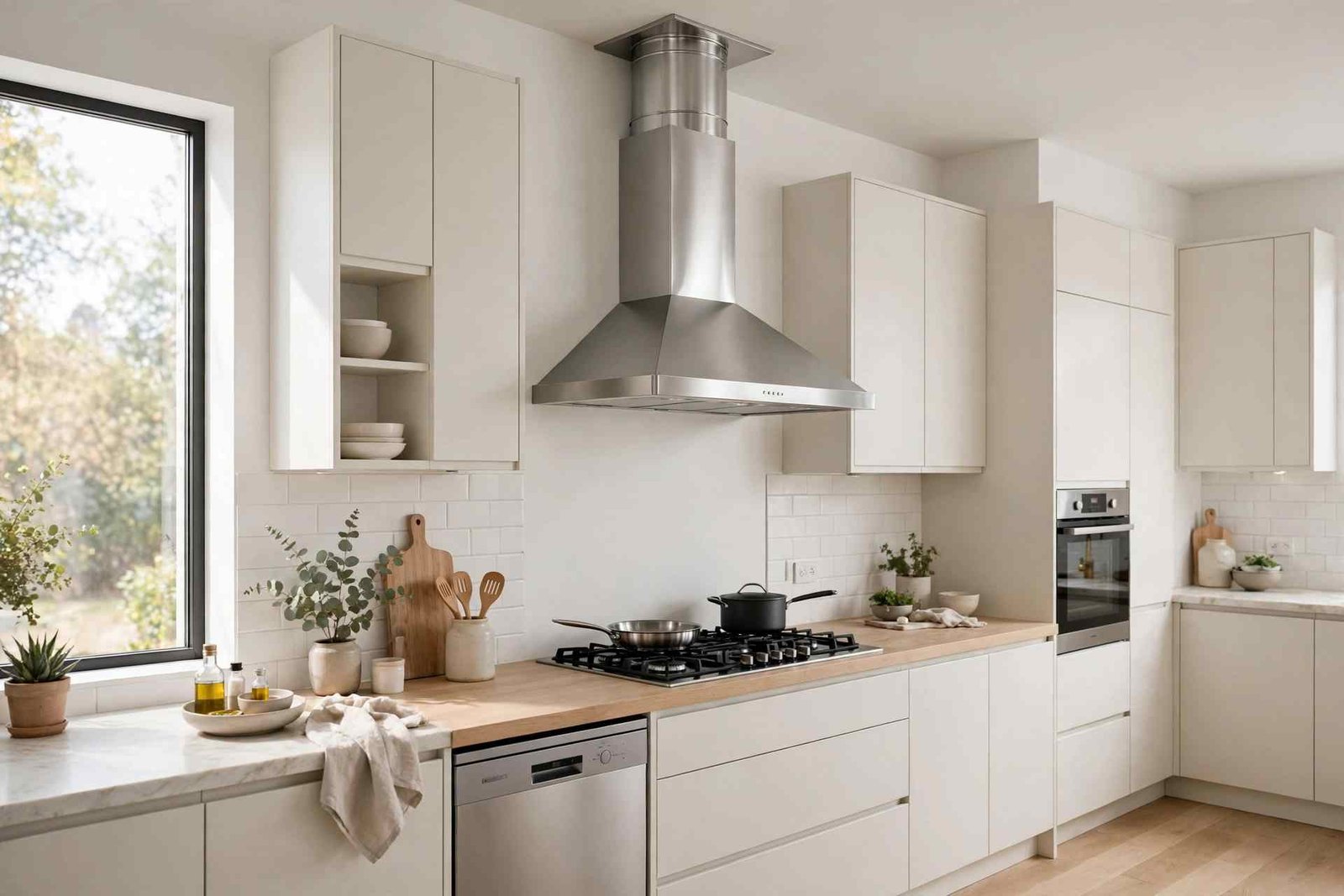 Kitchen with ducted chimney range hood over cooker