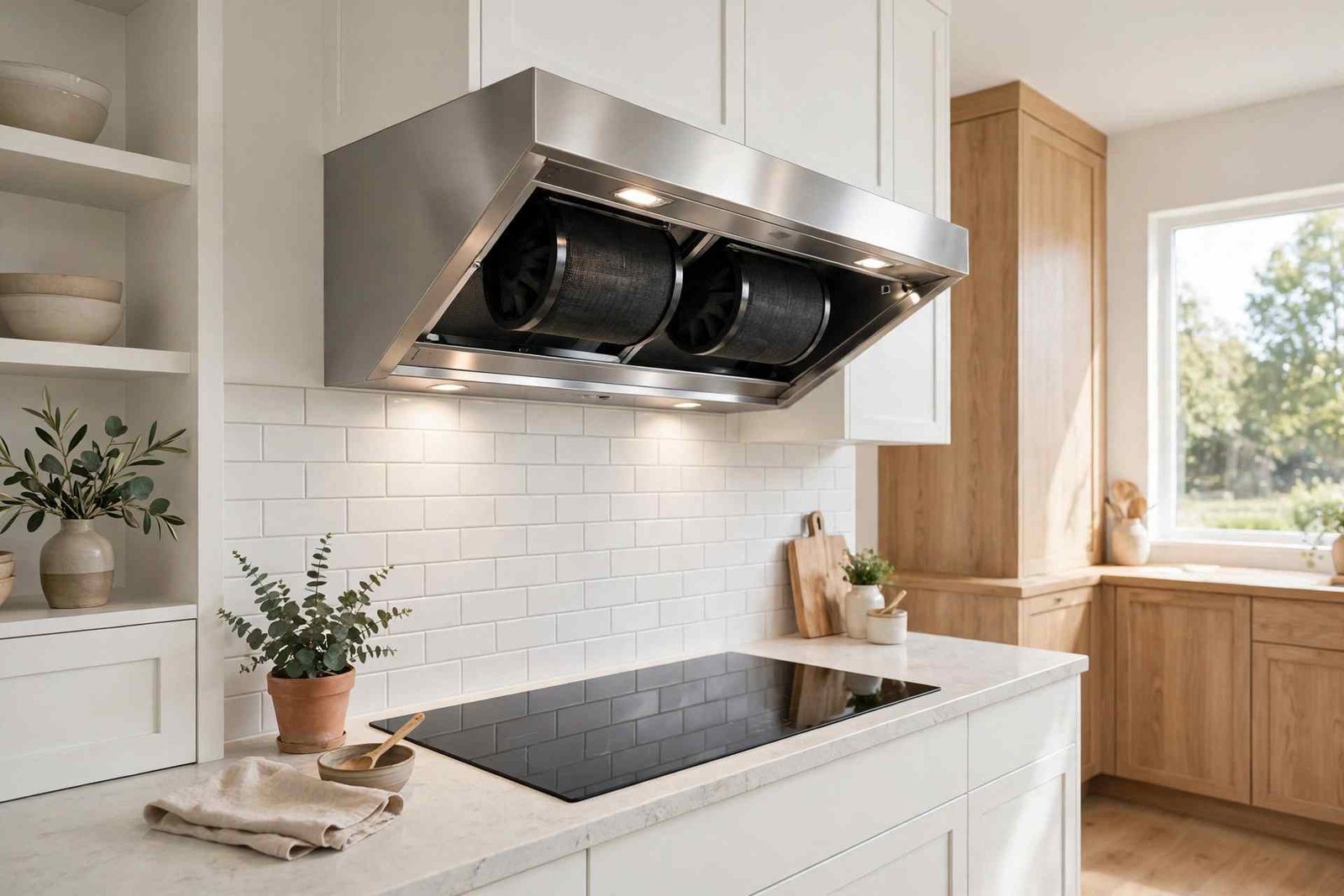 Ductless kitchen range hood with charcoal filters over hob