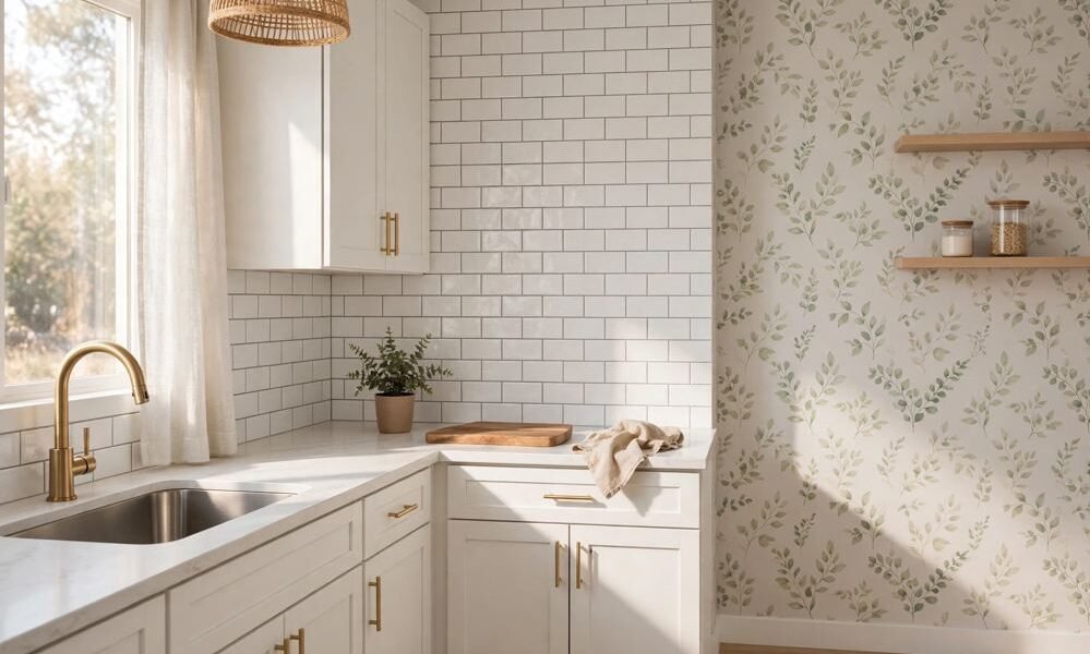 Rental kitchen with peel and stick backsplash and removable wallpaper